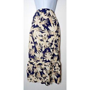 Nicole Miller New York Small Linen Maxi Skirt Tropical Leaf Ruffle Navy Beige